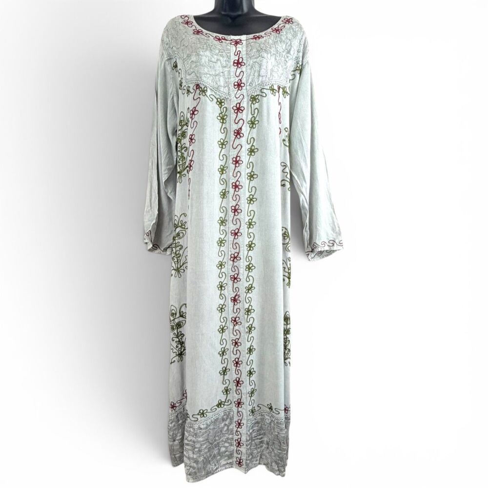 gray boho embroidered peasant maxi dress cottagecore bell sleeve whimsical nwt